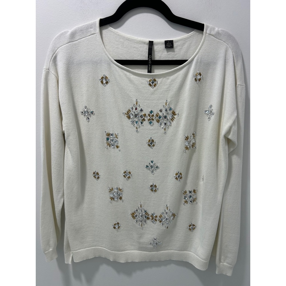 Skye's the Limit Cream Rhinestone Embellished Knit Sweater Women Large